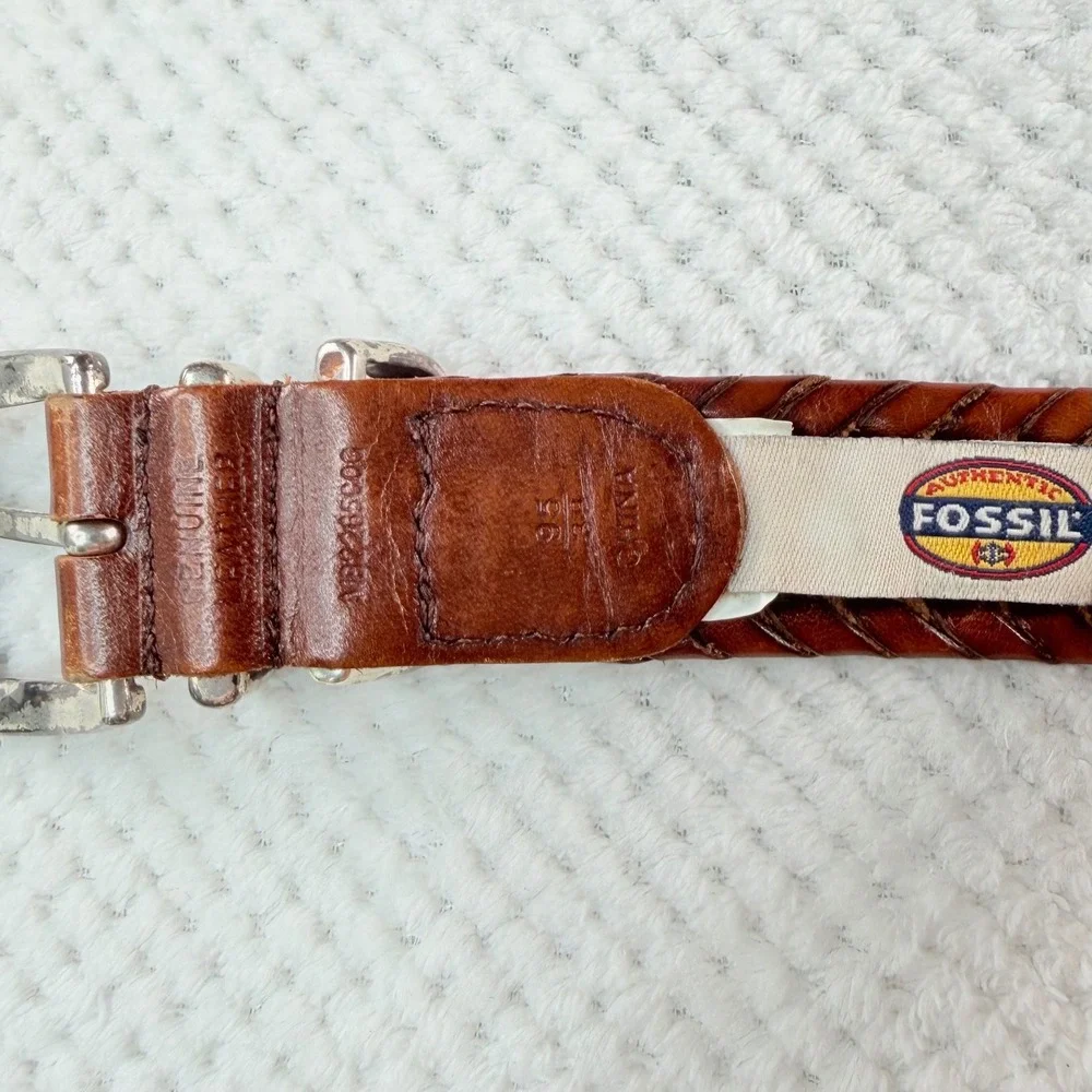 Fossil Braided Leather Belt Brown Woven Silver Buckle Tip MB2265C0G Size 38